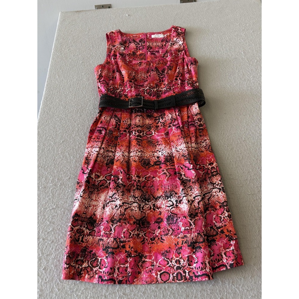 Calvin Klein‎ Dress Womens 6 Pink Animal Print Fit & Flare Belted Knee Length